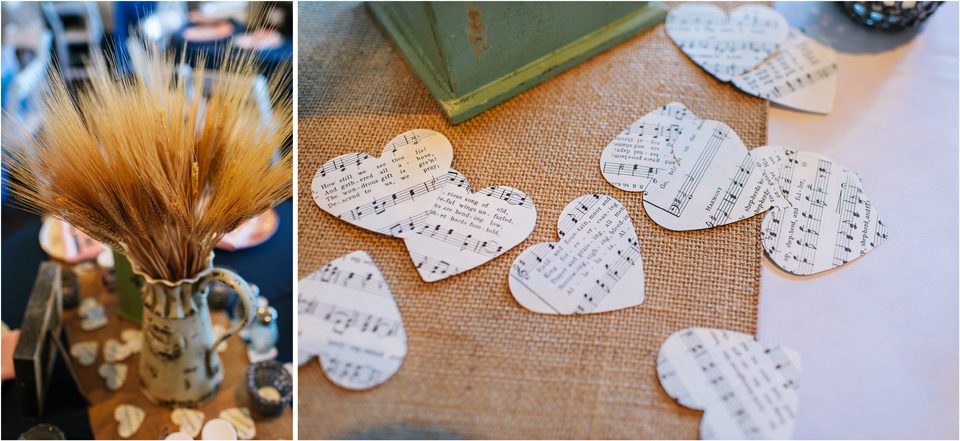 cut out sheets of music in shape of hearts wheat grains as flower arrangements